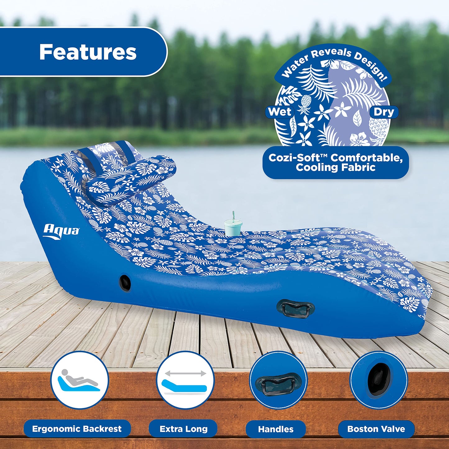 Aqua Ultra-Comfort Floating Pool Chair & Lake Raft With Pillow - 1-Person Heavy Duty Pool Float, Lake Floating Chair - Blue Pine