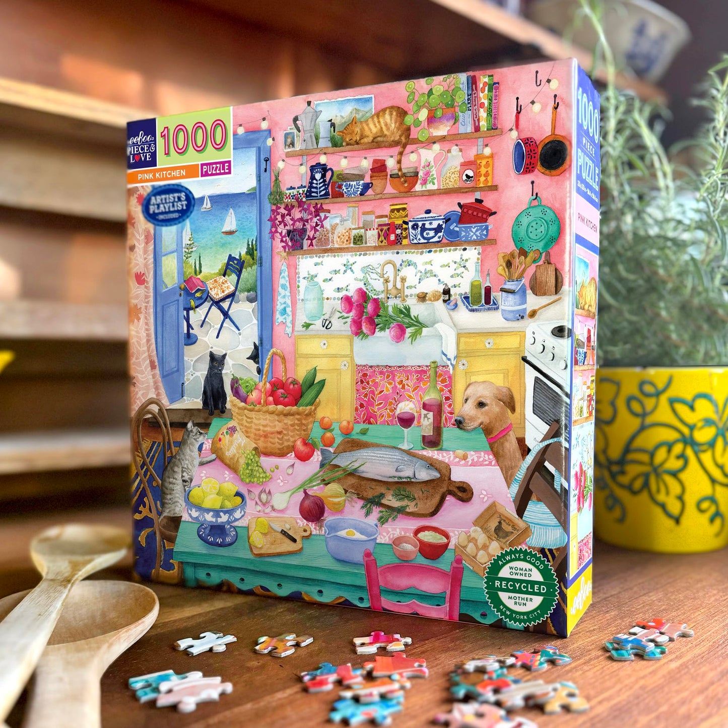 eeBoo Piece & Love Pink Kitchen 1000 Piece Puzzle - Adult Square Jigsaw, 23x23, Glossy Pieces with Image Reference Insert