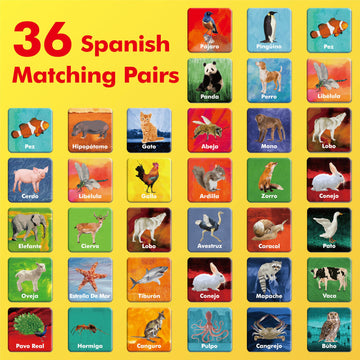 Hebayy 36 Pairs Animal Matching Game, 72Pcs Spanish Flashcards 36 Designs Memory Cards Educational Learning Toys For Preschool 4 5 6 Years Old (Each Measures 2” X 2”)