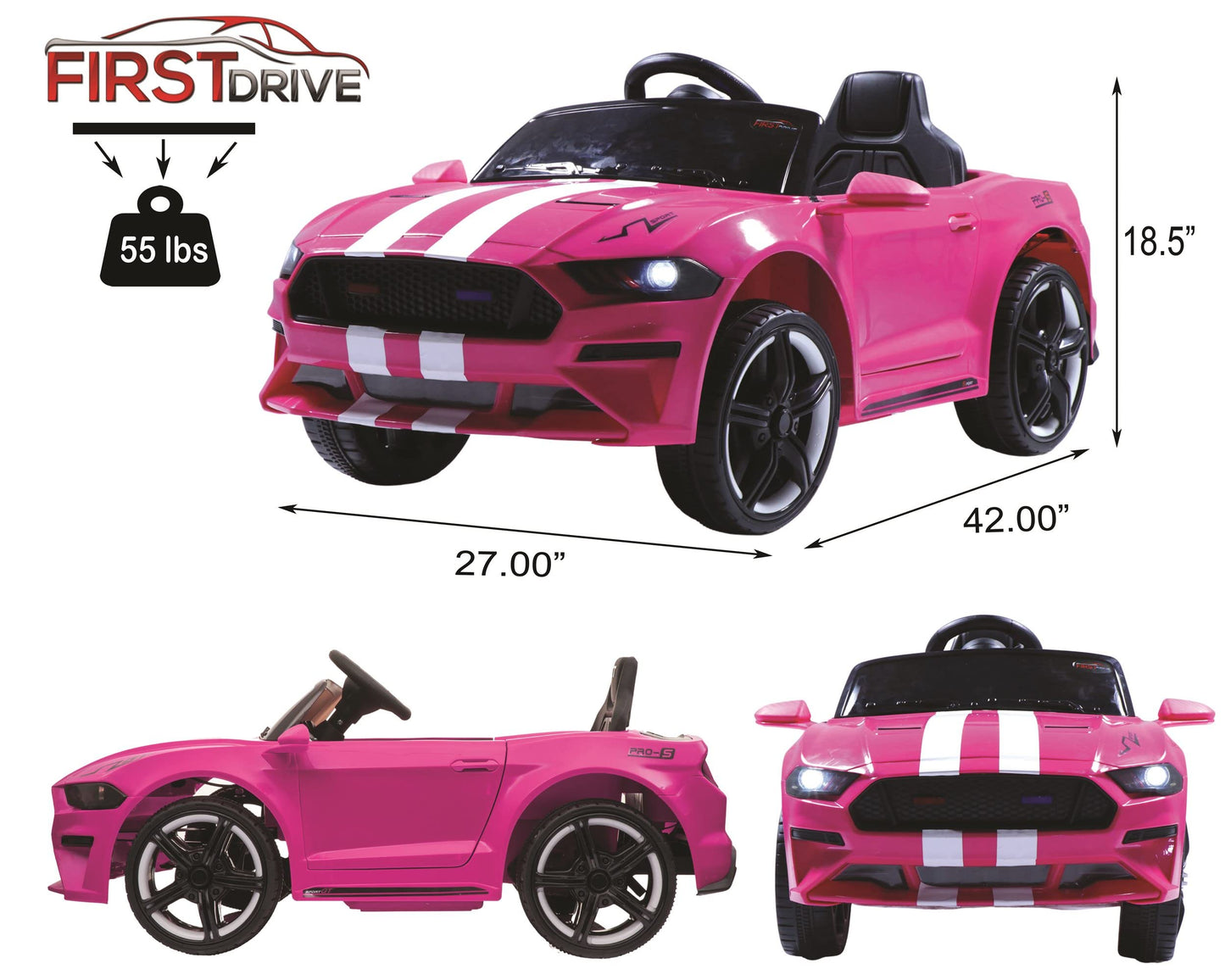 First Drive Mustang - 12V Power Battery Dual Motor Wheels- Kids Electric Ride-On Toy Car With Remote Control, Mp3 Music Playback