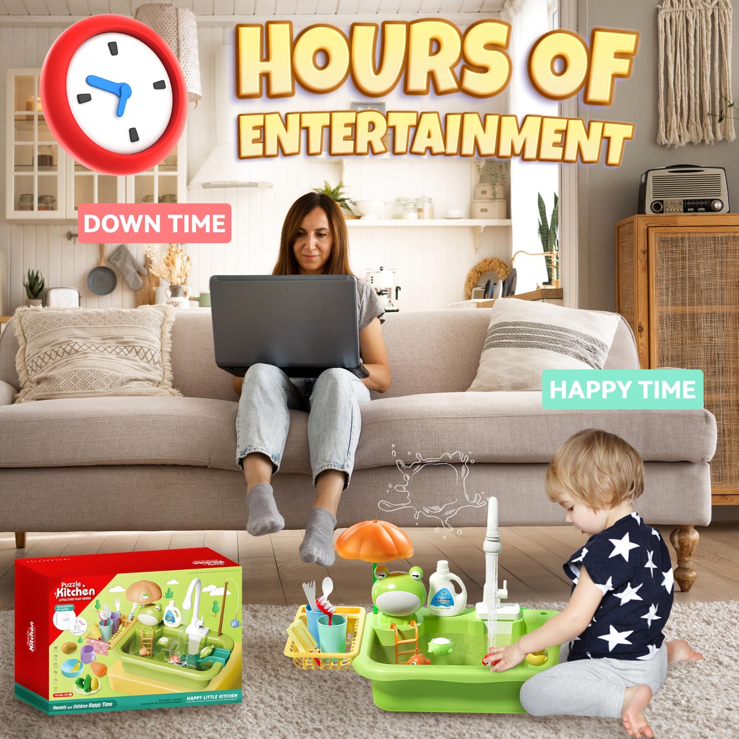 Play Sink with Running Water for Toddlers, Play Kitchen Sink Toy with Electric Faucet for Kids, Pretend Play Dishwasher Play Set
