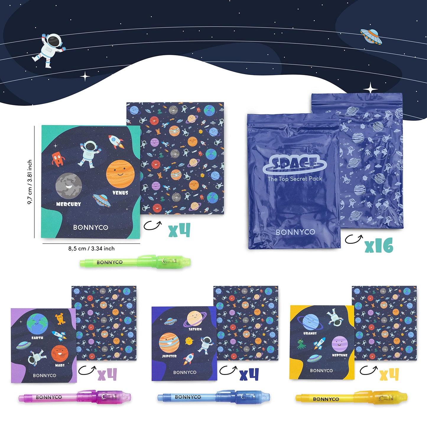 BONNYCO Invisible Ink Pen & Notebook Pack 16, Space Party Favors | Space Themed Party Favors for Kids Goodie Bags Stuffers Pinat
