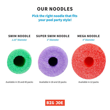 Big Joe Swim Noodle 35 Pack Pool Noodles, Red, Blue, Green, Purple, Yellow Foam, 4.5 Feet, 55'L X 2'W X 2'H Each