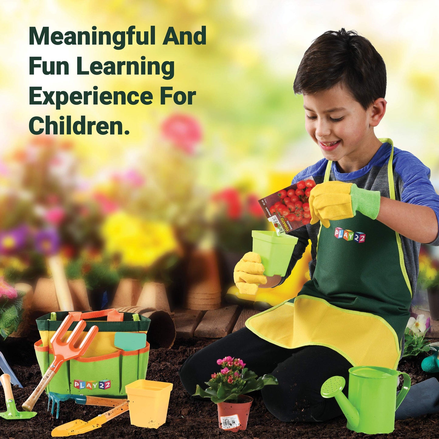 Play22 Kids Gardening Tool Set 12 Pcs - Kids Gardening Tools Shovel Rake Fork Trowel Apron Gloves Watering Can And Tote Bag, Toddler Gardening Tools For Kids Best Outdoor Toys Gift For Boys And Girls