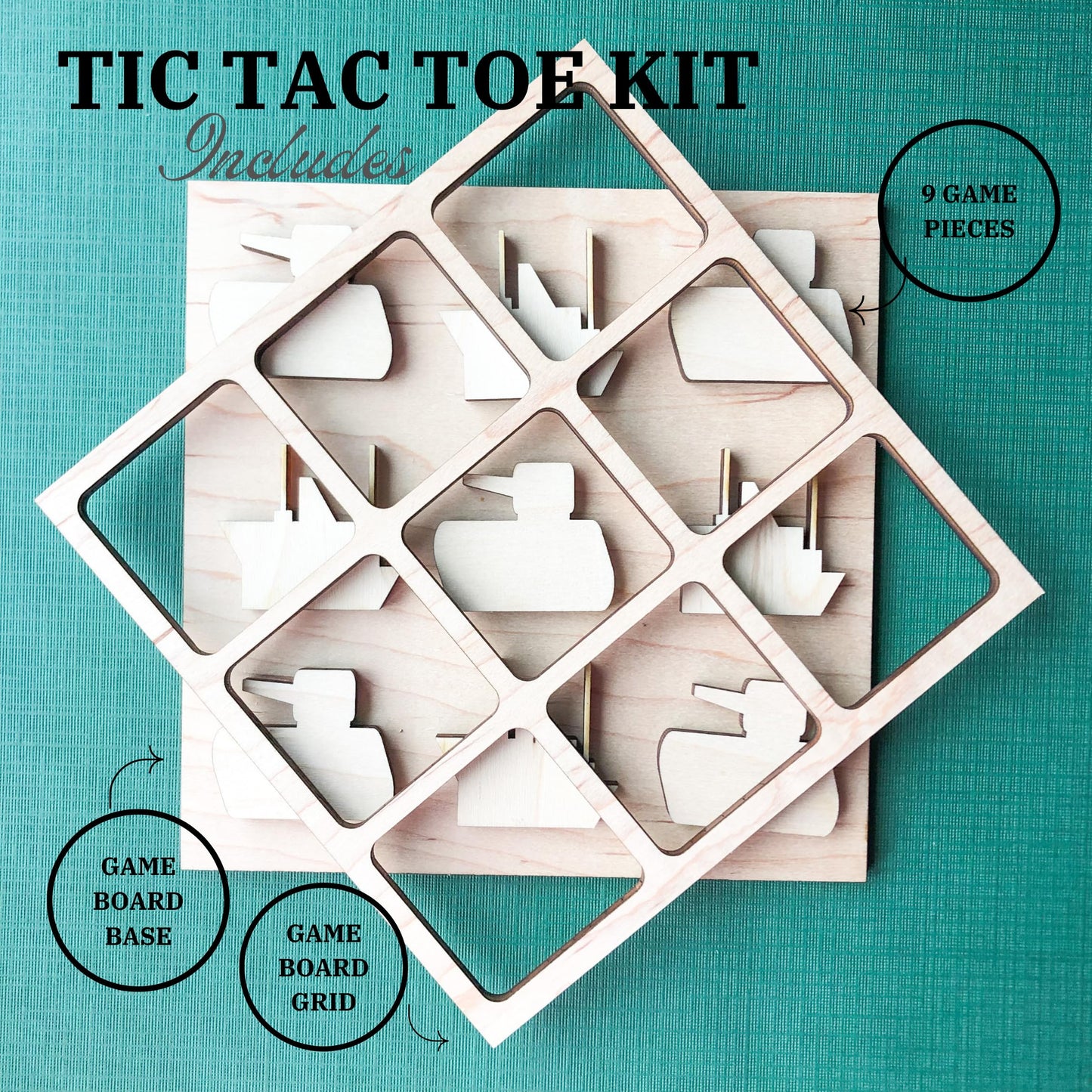 Military Themed Tic Tac Toe Board Game, 5X5 Inches Unfinished Wood Diy Painting Craft Kit For Kids With Wooden Battleship & Tank