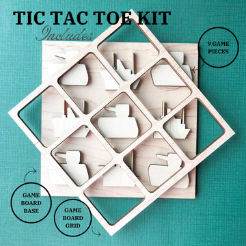 Military Themed Tic Tac Toe Board Game, 5X5 Inches Unfinished Wood Diy Painting Craft Kit For Kids With Wooden Battleship & Tank