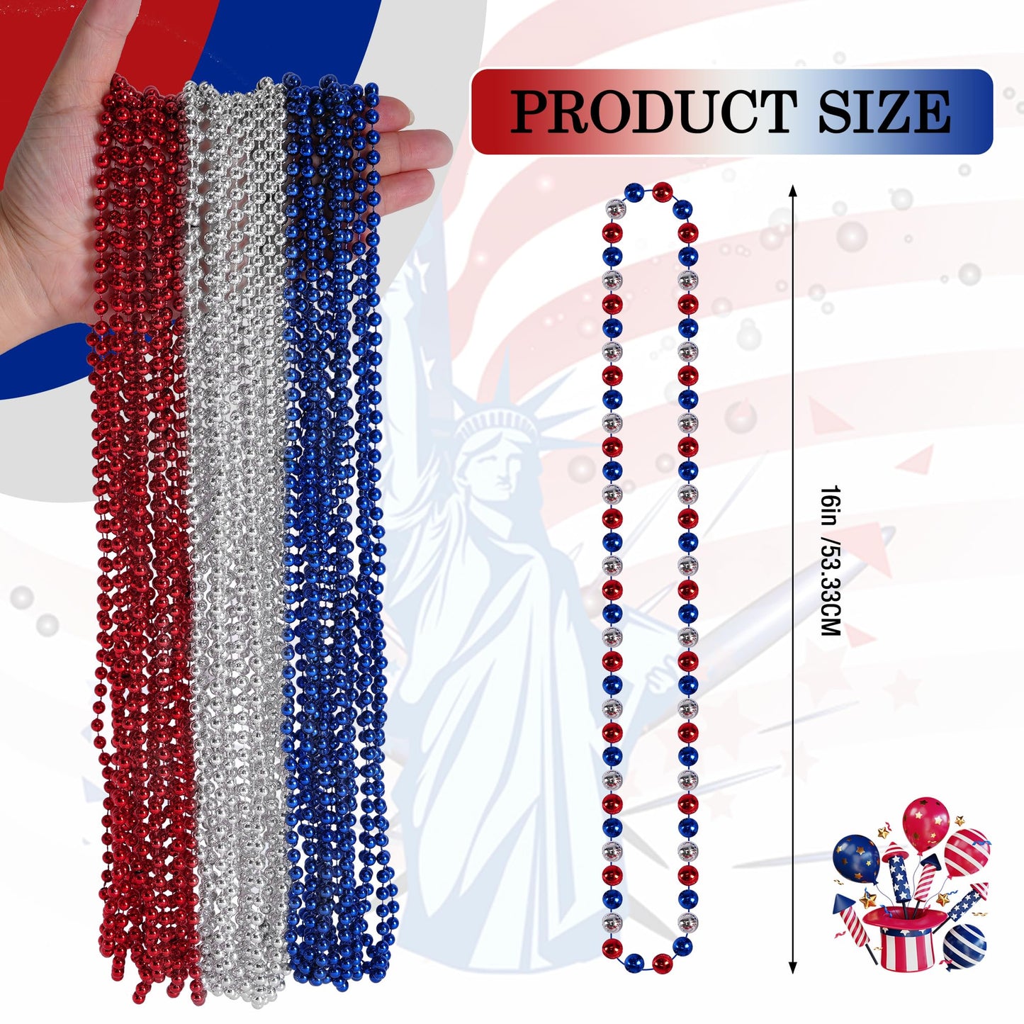 HOOSUN 4th of July Beaded Necklace,30 Pcs Patriotic Star Bead Necklaces Red Silver and Blue Accessories,Fourth of July Beads for