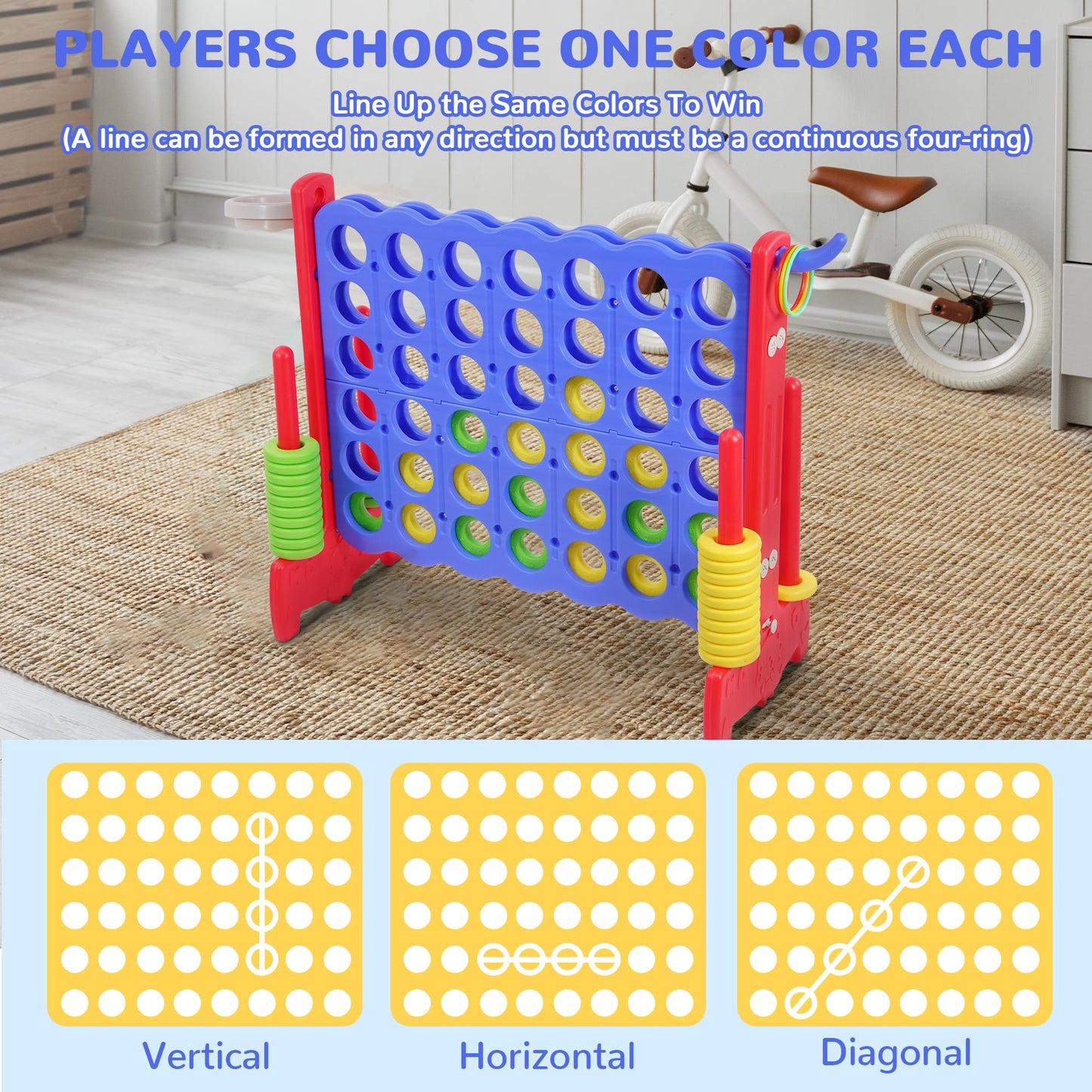 Elevon Giant 4-To-Score Game Set, 4-In-A-Row Jumbo W/Basketball Hoop, Ring Toss, 42 Jumbo Rings & Quick-Release Slide, 2.75Ft Ta