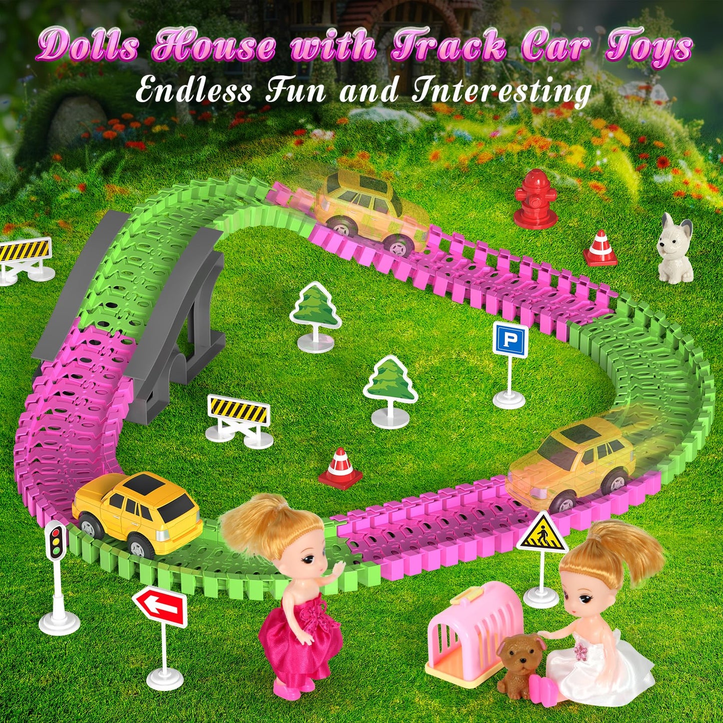 Mastom Dolls House For Girls, Doll Girls Houses With Track Car Toys, Dolls, Pets, Car, Furniture And Accessories, Pink Dream Princess Castle Playset Toy Gifts For Toddler Girls Ages 3 4 5 6 7 8+