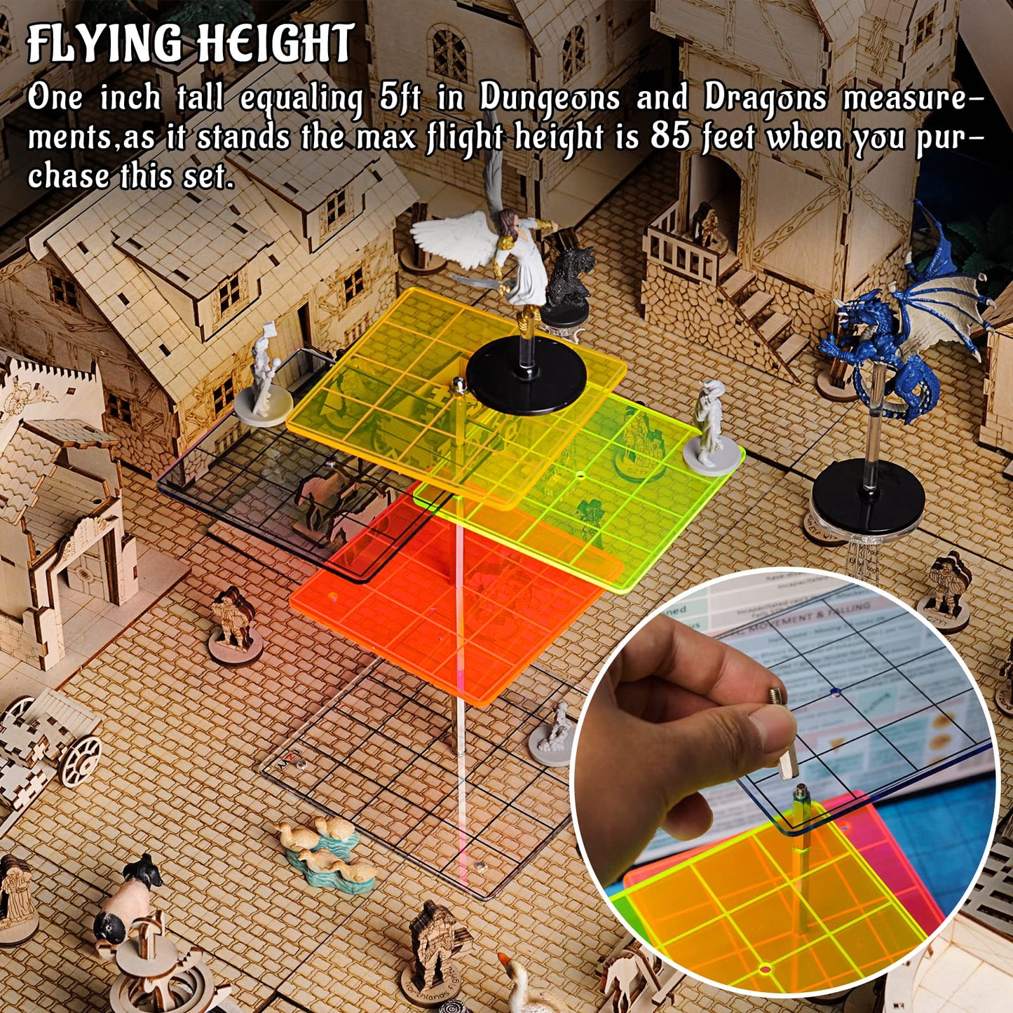 3D Combat Risers Set Colored Acrylic Connected By Metal Pillars Flying Miniature Flight Stand With 1 Inch Squaregrid Great Warga