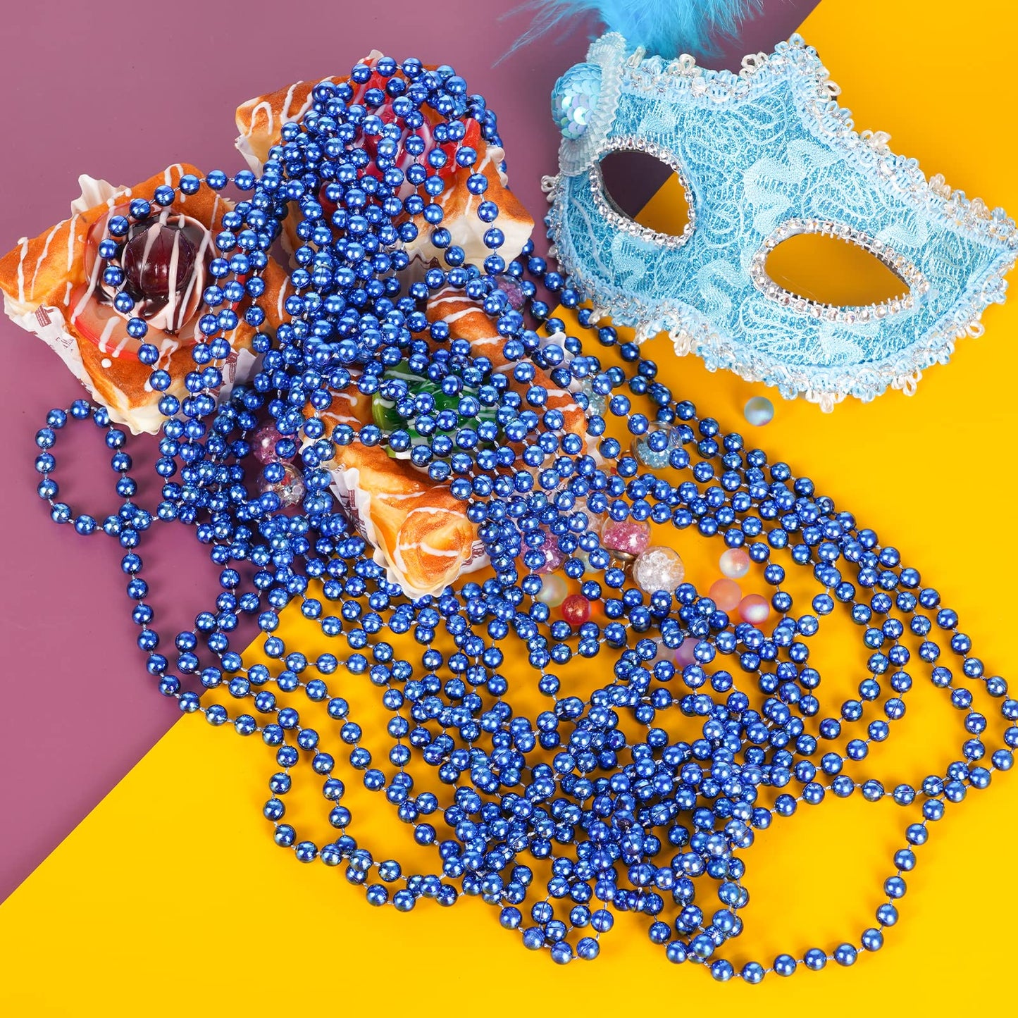 YAXINRUI 144 PCS Blue Bead Necklaces, Blue Mardi Gras Christmas Bead Necklaces, Blue Patriotic Necklace, 33 Inch Round Beaded Ne