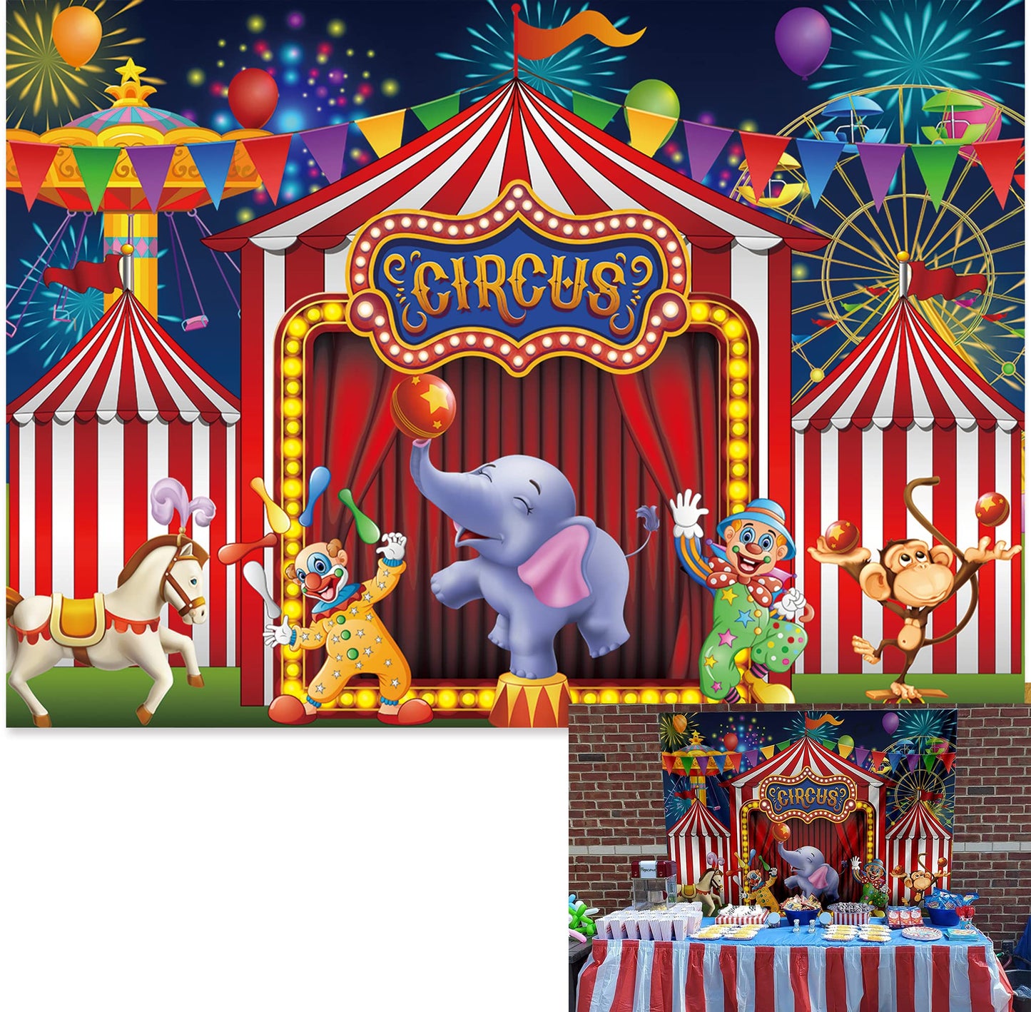 10x8ft Red Circus Backdrop Amusement Park Tents Stratus Playground Carnival Carousel Kids Boy 1st Birthday Party Baby Shower