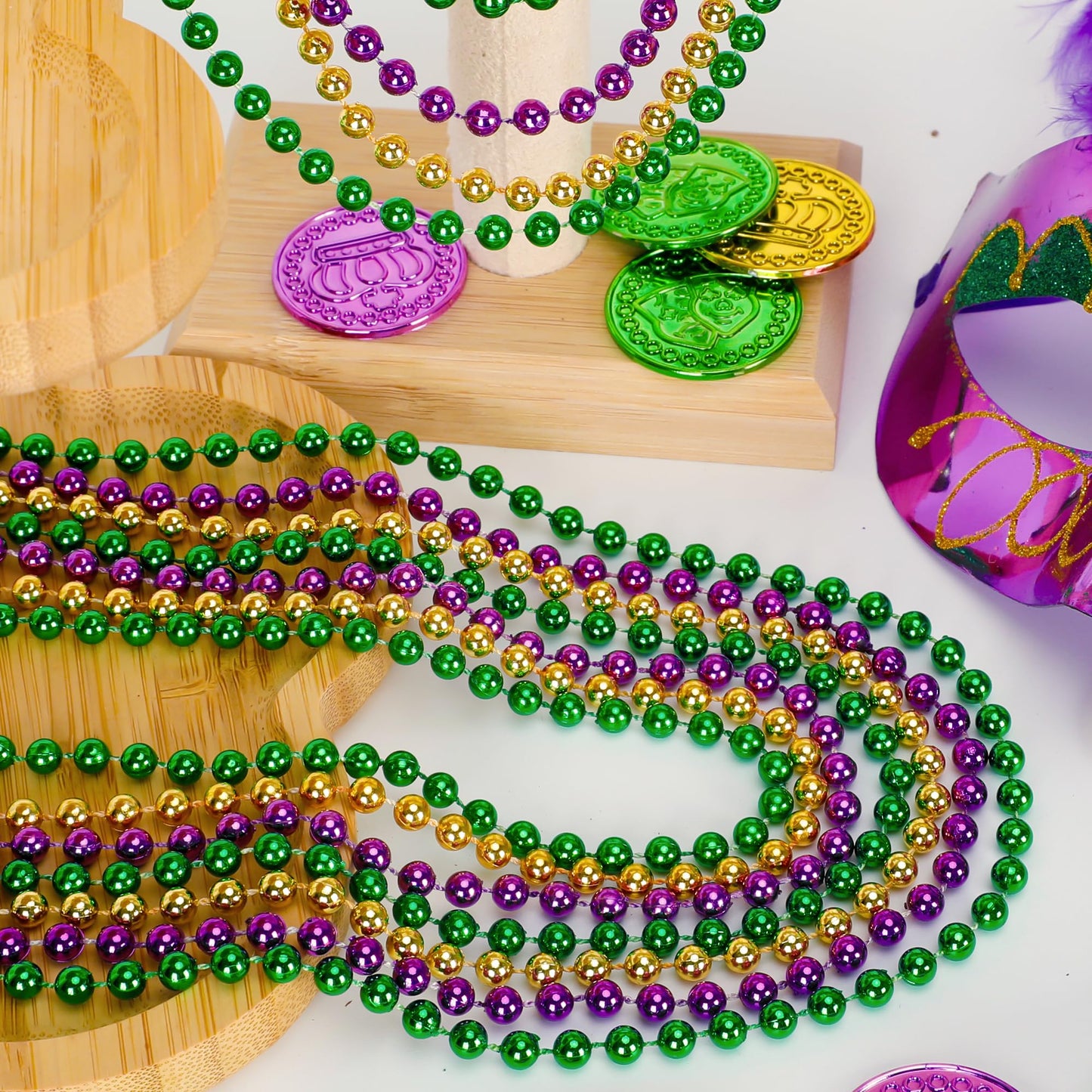 100PCS Mardi Gras Beads, Green Purple Gold Metallic Mardi Gras Beads Necklaces Accessories Bulk, Mardi Gras Carnival Beads Neckl
