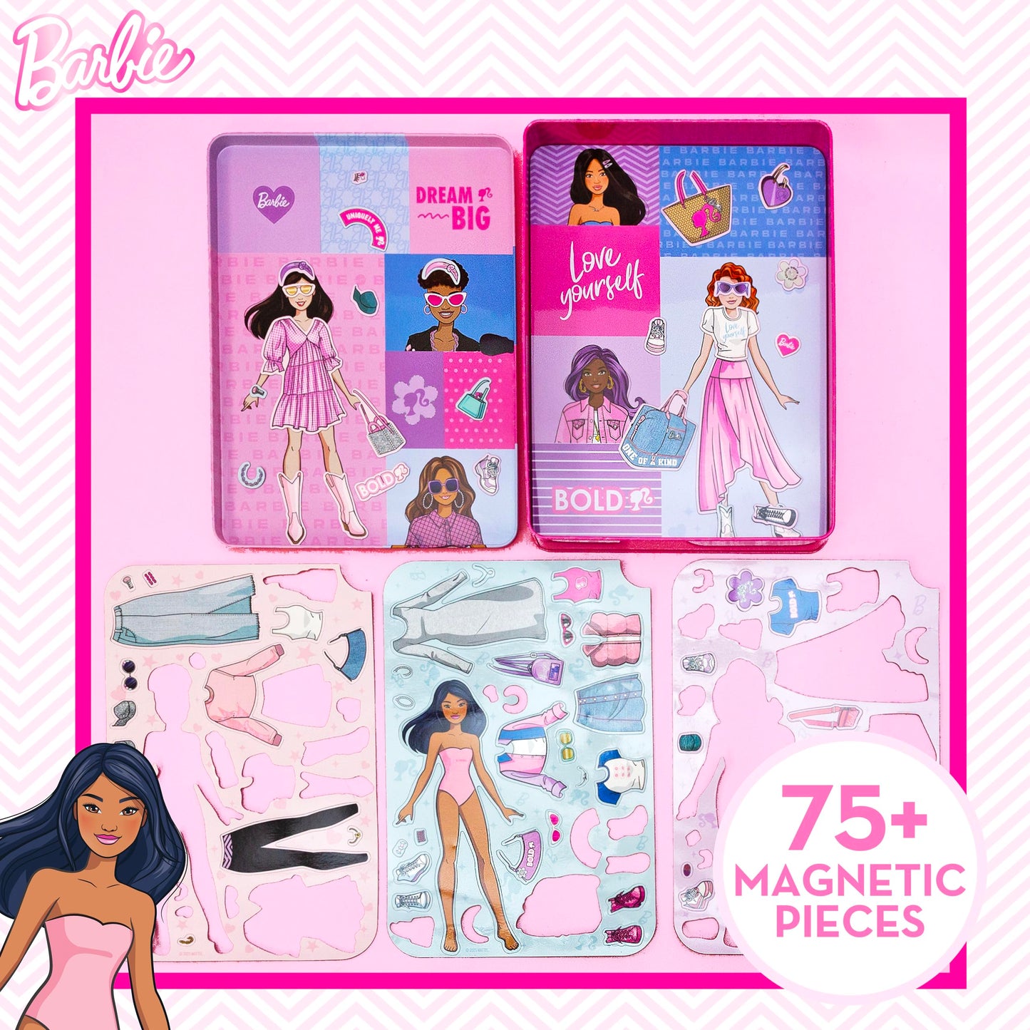 Barbie D.I.Y. Magnetic Play Set, 75 Pieces, 3 Magnetic Dolls, Crafts for Kids Ages 4-8, 4 Year Old Girl Birthday Gifts, Girl Toy