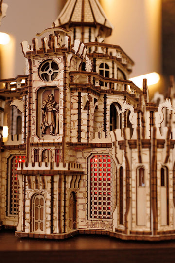 Wood Trick Dragon Castle Movable Wooden 3D Puzzles For Adults And Kids To Build - Red Led - Greensleeves Melody - Towers Rotating - Engineering Diy Project Mechanical Model Kits For Adults