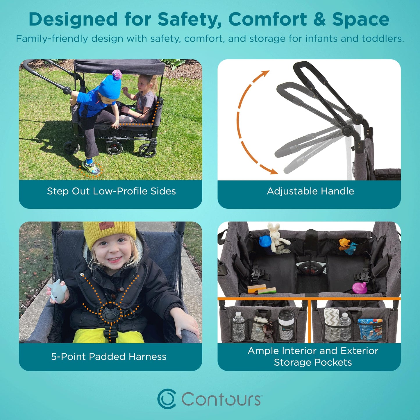 Contours Curve 360 Lightweight Double Baby Stroller Wagon for 2 Kids, Fits Infant Car Seats, Ultra Maneuverable, Easy in and Out