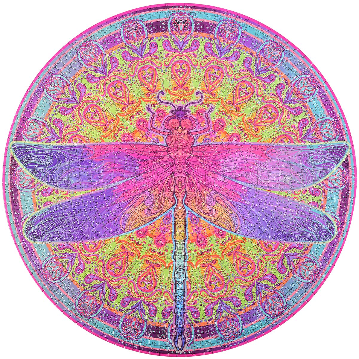 Bgraamiens Puzzle-Zentangle Dragonfly-1000 Pieces Vivid Dragonfly Round Mandala Puzzle Color Challenge Jigsaw Puzzles