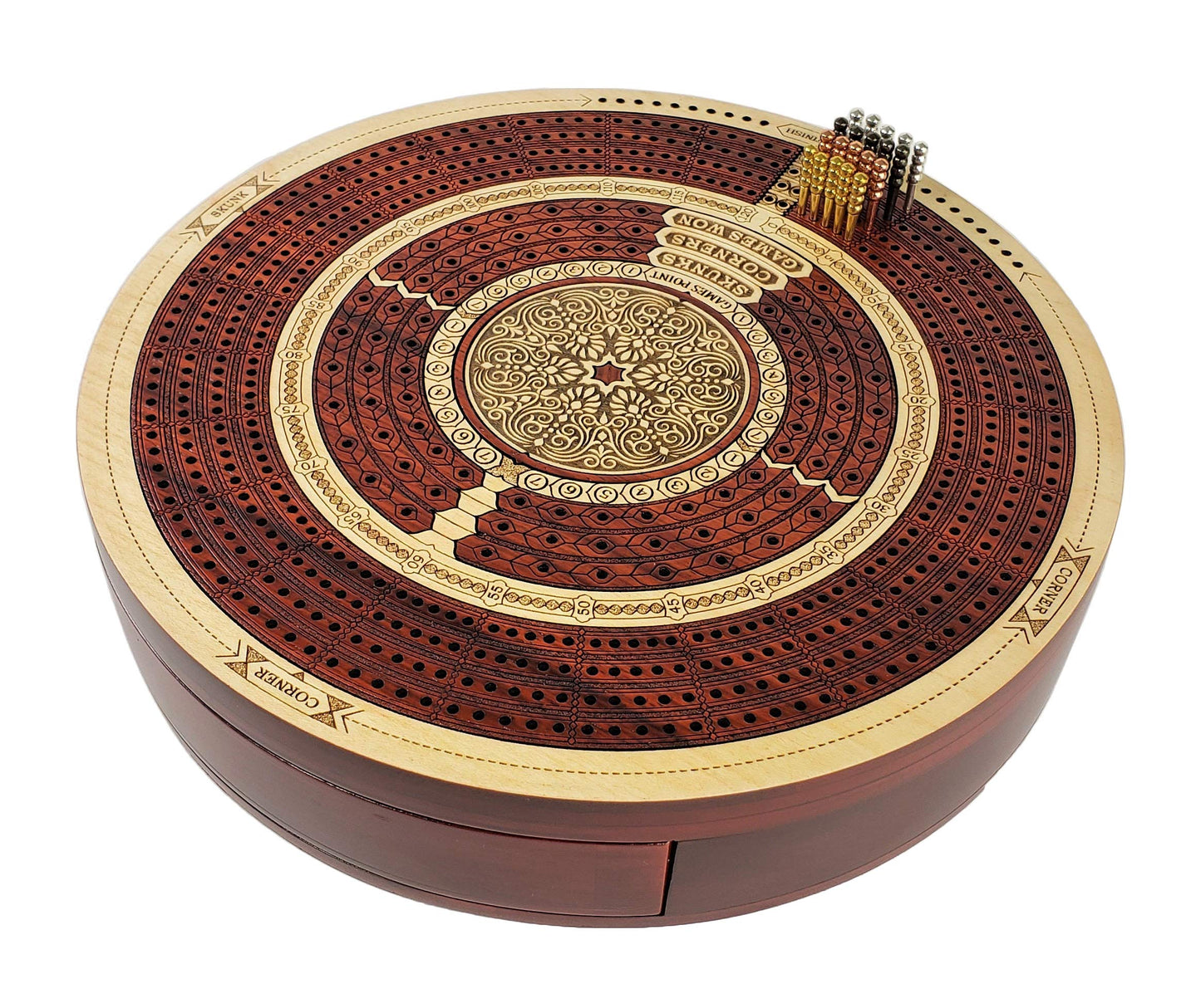 House of Cribbage Round 4 Track Cribbage Board - Bloodwood & White Maple, Card Storage Drawer, Model 80RND-09-WB-4T-120-DR.