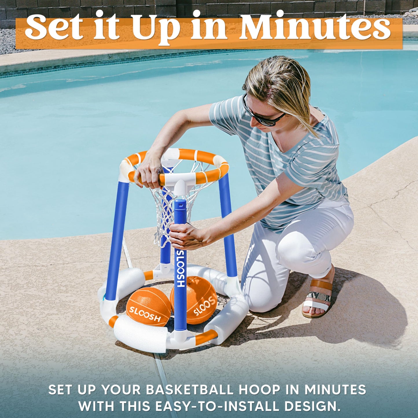 Sloosh Pool Basketball Hoop Toys, Floating Basketball Pool Game, Swimming Floats Toys With Balls Pump, Summer Outdoor Water Play Toy For Kids And Adults (Blue Orange)