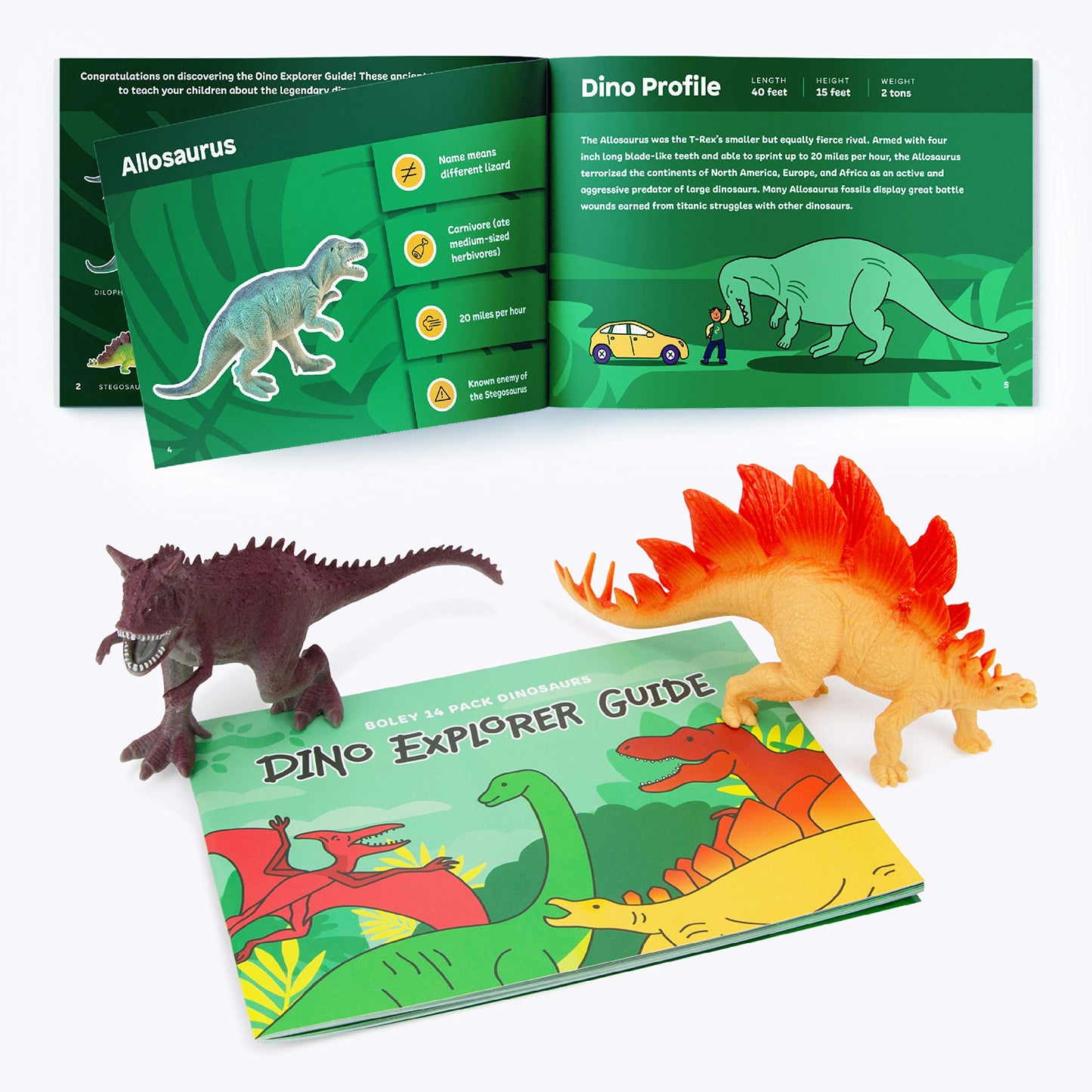 Boley 14-Pack Dinosaur Toys For Kids With Educational Booklet - 9' Realistic Dino Figures For Boys & Girls Ages 3+ - Includes T-Rex, Raptor, Stegosaurus, Triceratops, And More