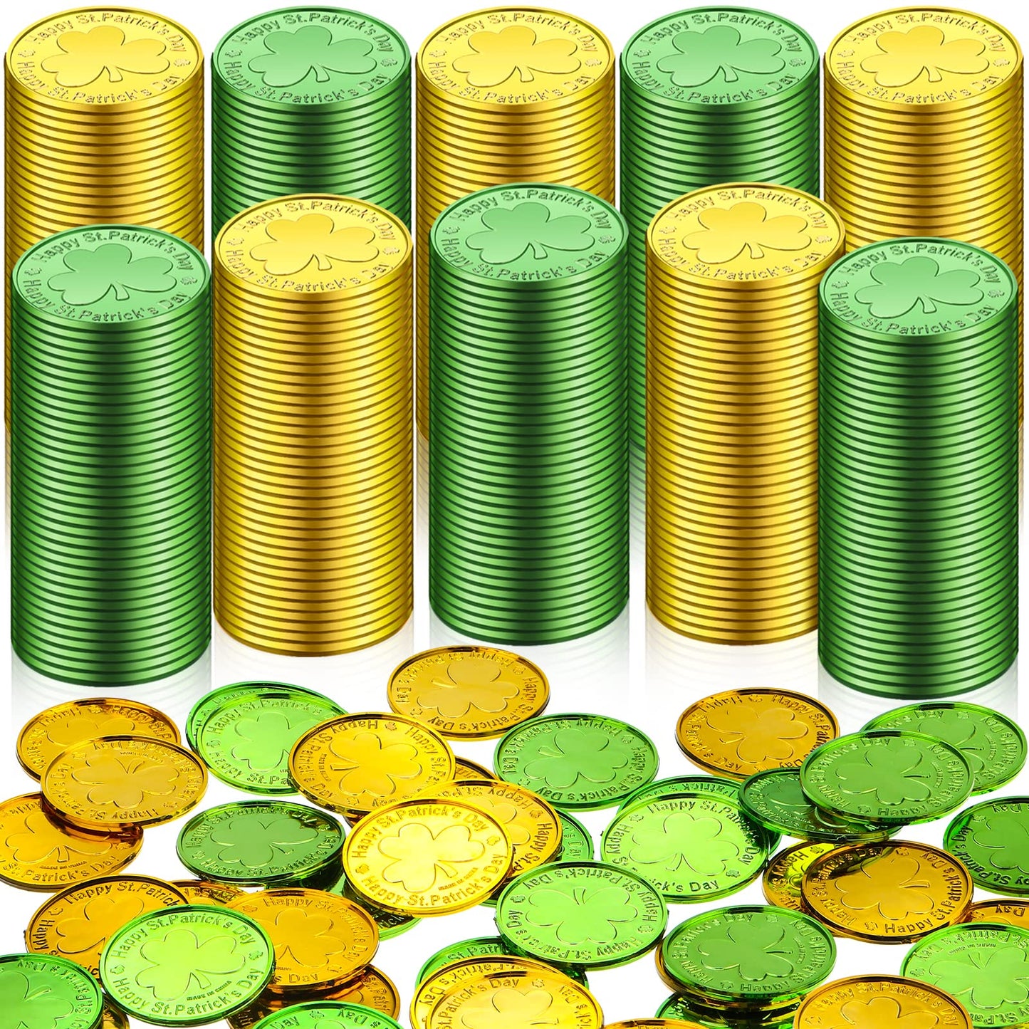 Leitee 800 Pieces St. Patrick'S Day Coins Bulk Plastic Shamrock Coins Good Luck Saint Patrick'S Day Decor With Green And Gold 3