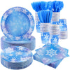 Durony 350 Pcs Frozen Birthday Party Supplies Winter Snowflake Frozen Plates Napkins Cups Plastic Cutlery Frozen Party Disposabl