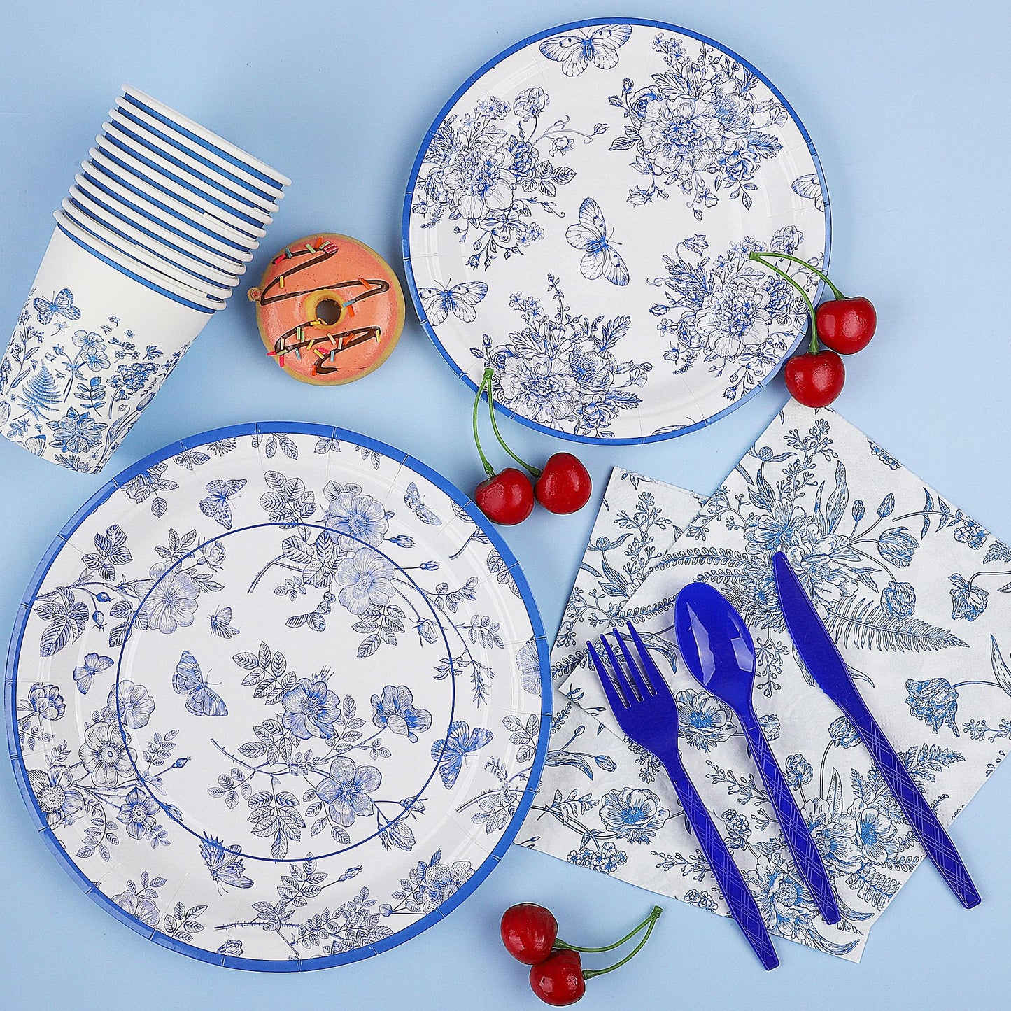 Durony 350 Pieces Blue & White Floral Party Supplies 7 Inch 9 Inch Disposable Elegant Flower Paper Plates Napkins Cups Tableware