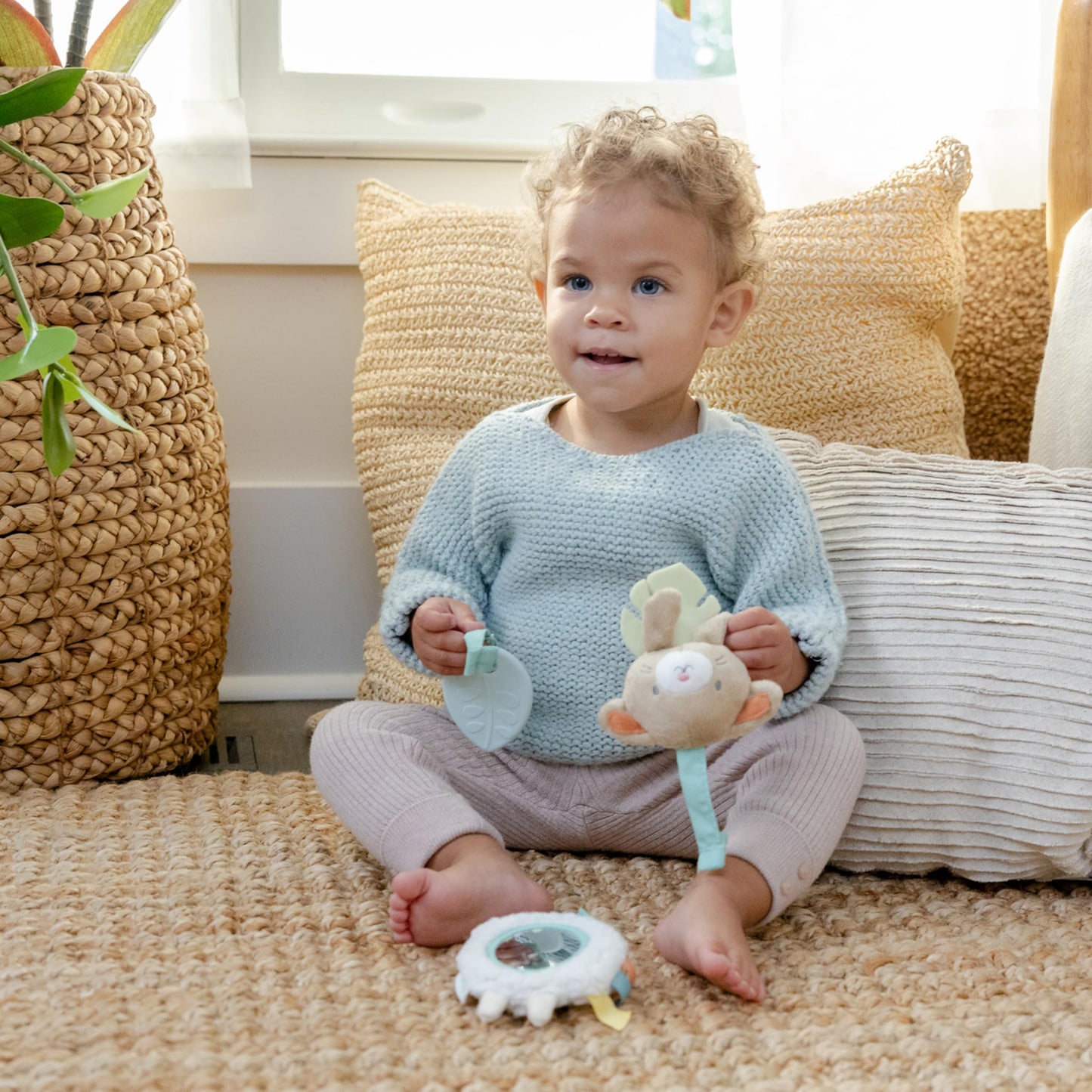 Ingenuity Soothing Essentials Wood Carrier Toy Bar, Montesorri-Inspired, 3 Removable Toys, for Ages 0-12 Months