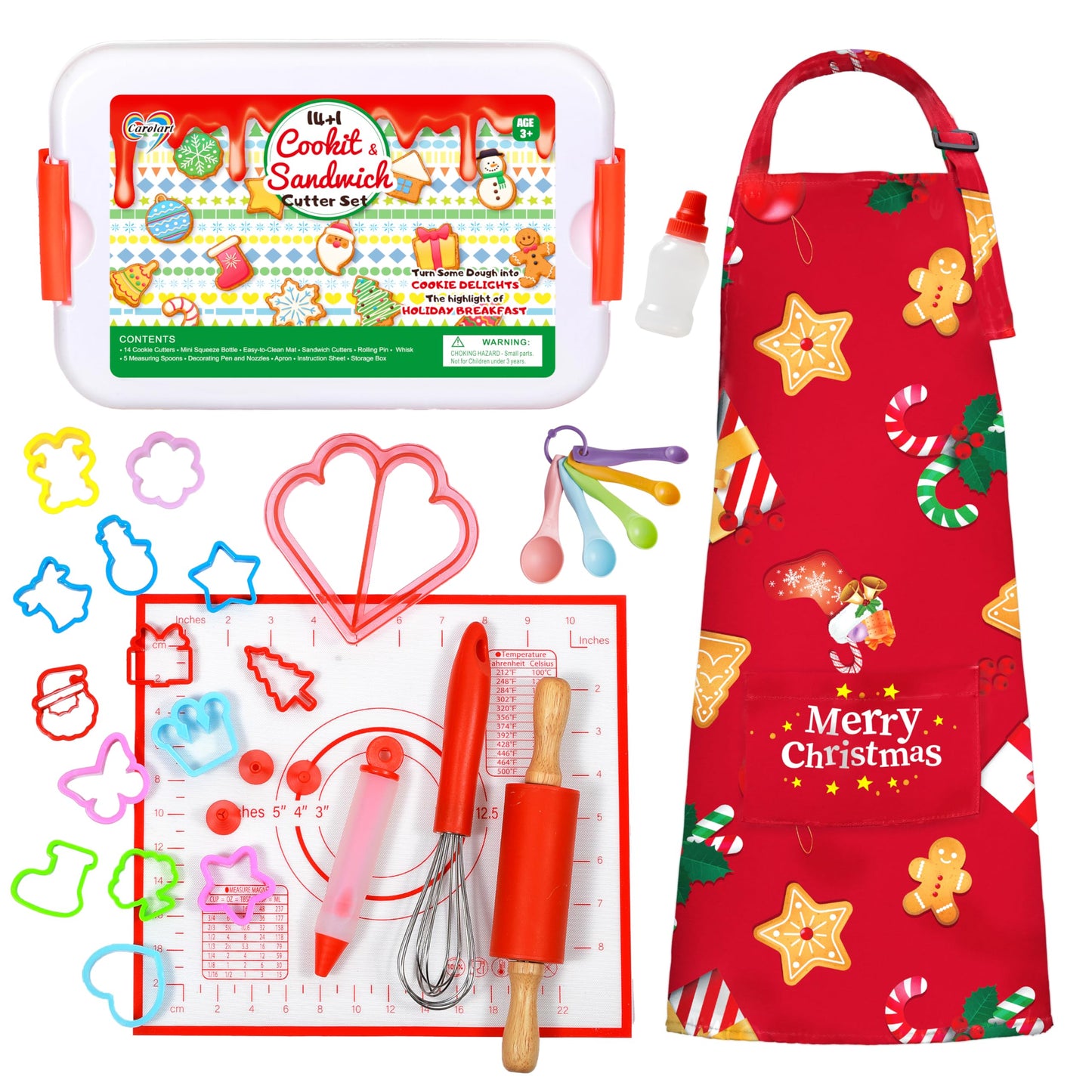 Carolart Baking Sets for Kids with Apron, Kids Cookie Cutter Set with 14 Assorted Cookie Cutters and 1 Sandwich Cutter, Kids Coo