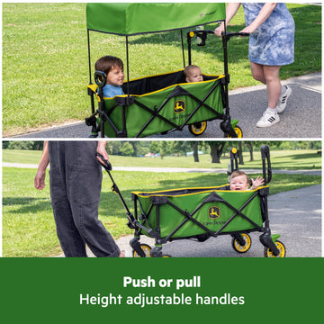 Bright Starts John Deere Pop 'N Ride Stroller Wagon, Foldable With Sun Shade 50+ Spf Protection, Seats 2 Kids At Once, Green & Y