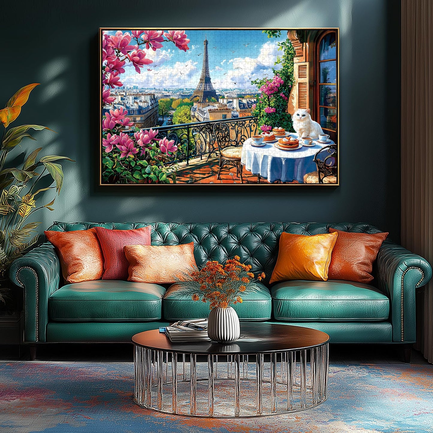 1000 Piece Puzzles For Adults Clearance, Paris Springtime Tea & Cat Scene Puzzle For Adults, Impossible Challenge Art Jigsaw Puz