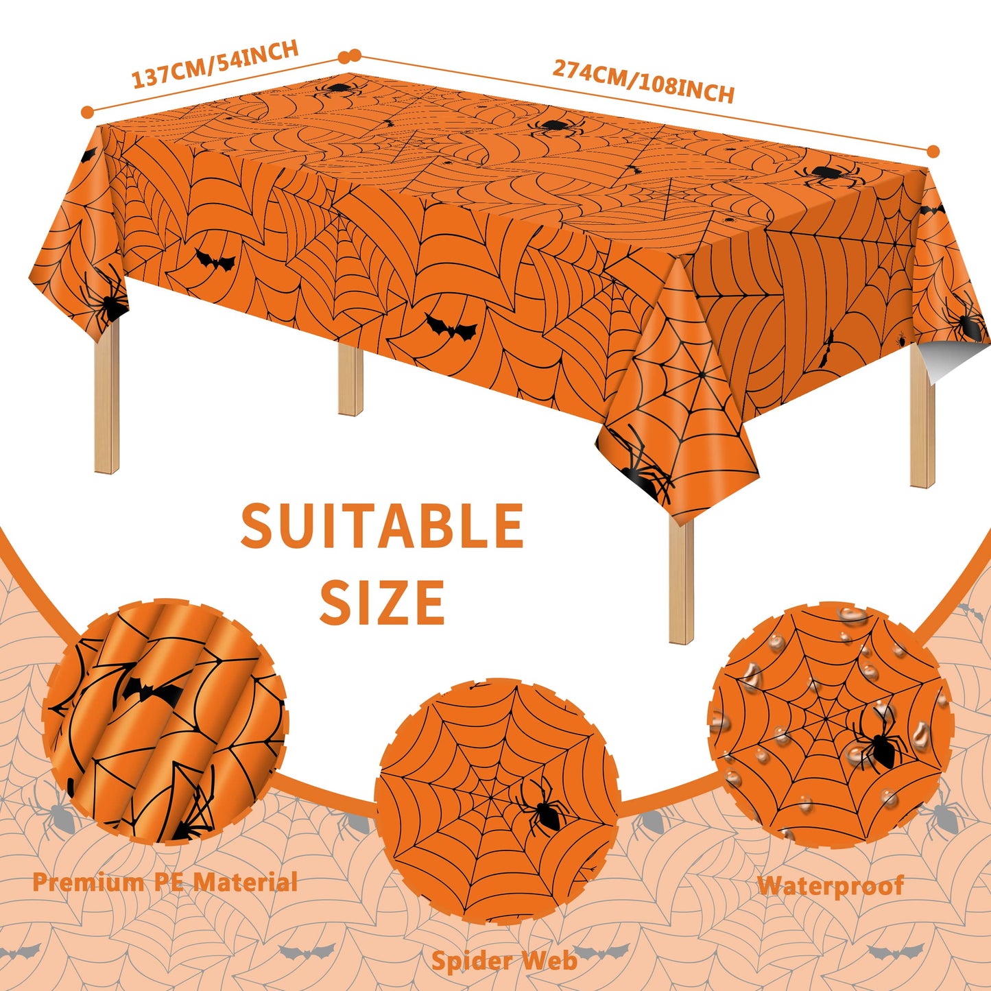 Halloween Tablecloth 3Pcs Orange Spider Web Tablecloth Halloween Party Decorations Supplies Rectangular Spider Cobweb Plastic Table Cover For Halloween Baby Shower, Birthday Decorations - 54' X 108'