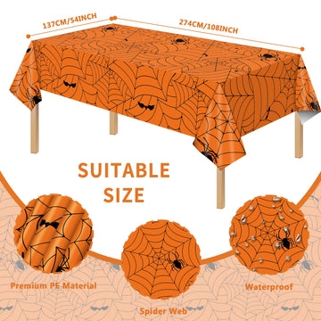 Halloween Tablecloth 3Pcs Orange Spider Web Tablecloth Halloween Party Decorations Supplies Rectangular Spider Cobweb Plastic Table Cover For Halloween Baby Shower, Birthday Decorations - 54' X 108'