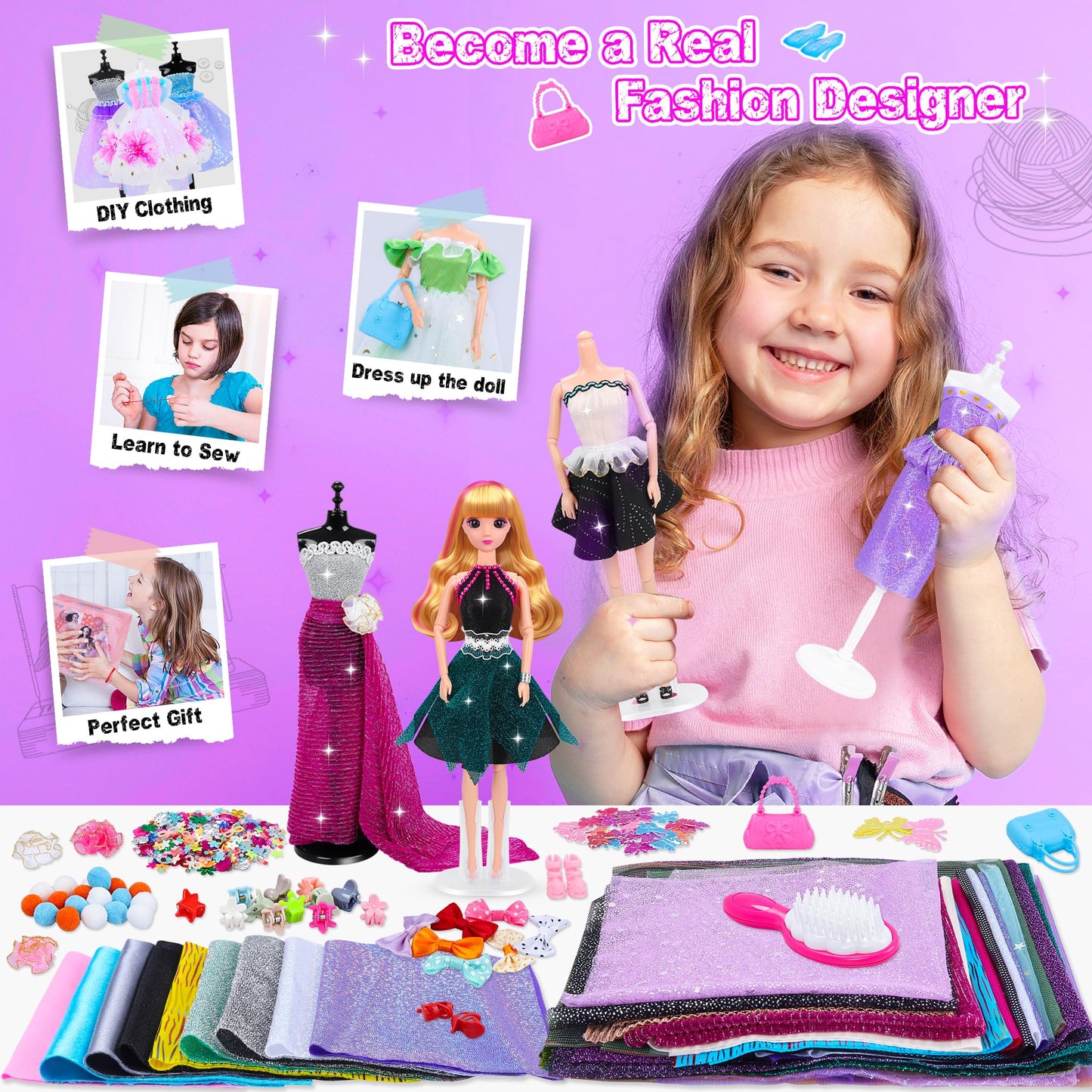 Fashion Designer Kit For Girls, Sewing Kit With 3 Dolls 3 Mannequins, Doll Clothes And Accessories Making Kit, Diy Arts And Crafts Kit For Kids, Toy Gift For 6 7 8 9 10 11 12 Year Old Girls Kids