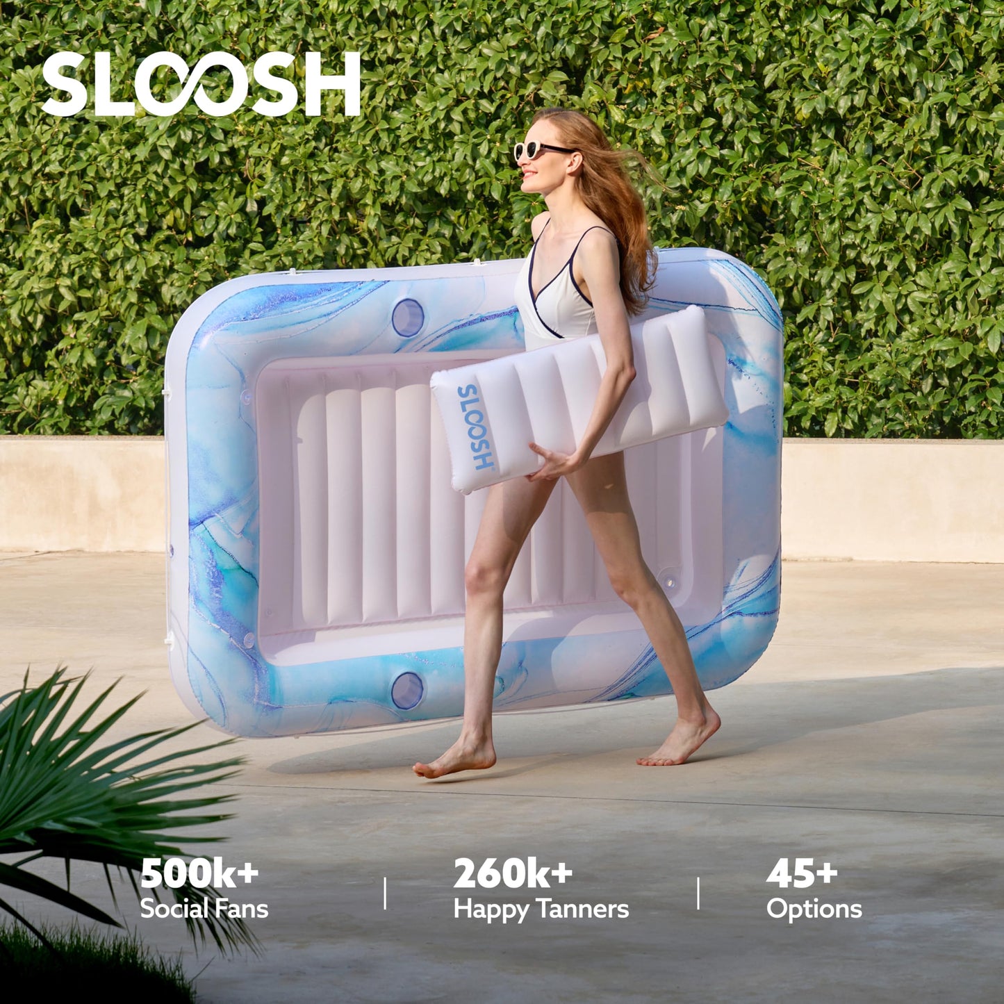 SLOOSH Inflatable Tanning Pool Lounger Float 70 x 46 Pool Floats mature-themed with Pillow 4 in 1 Suntan Tub Raft Floatie Sunbathing Bed Lounge for Water Blow Up Ball Pit Party Gifts Blue Marble
