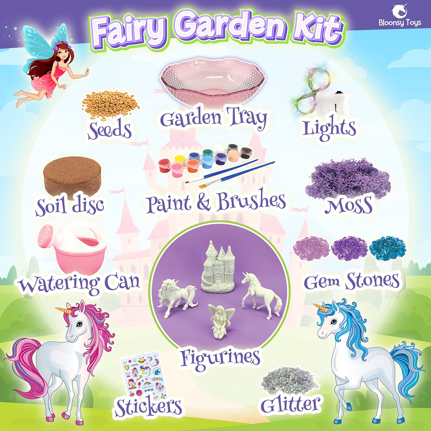 Bloonsy Unicorn Fairy Garden Kit For Kids | Light Up Fairy Unicorn Terrarium Kit | Science Stem Toys Presents | Unicorn Arts And