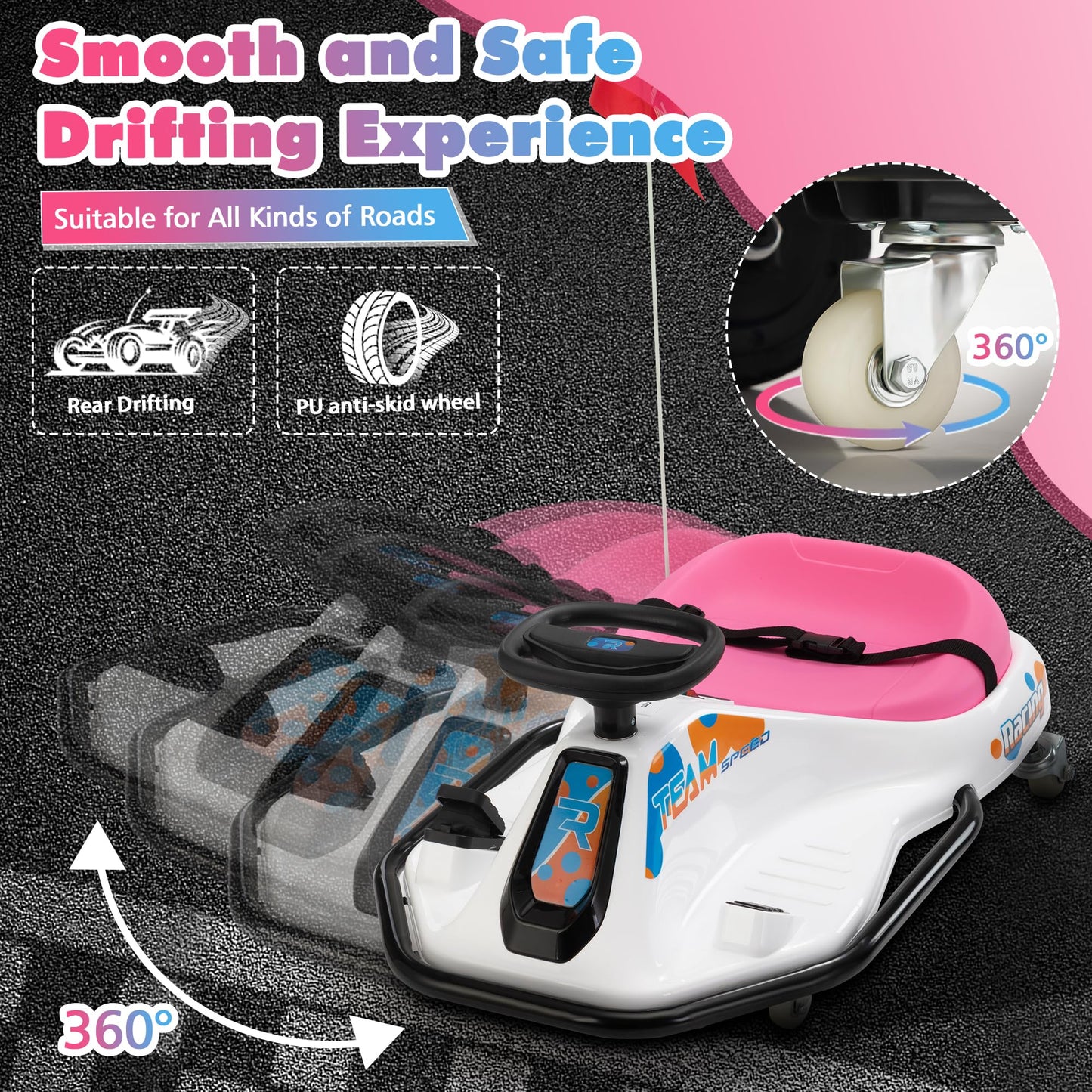 Tobbi 24V Electric Go Kart For Kids Ages 6+, Ride On Drift Go Carts Up To 7.5 Mph Variable Speed, High/Low Speed, Brushless Motor, With Usb Port, Led Lights, Mp3, Victory Flag (Pink-White)