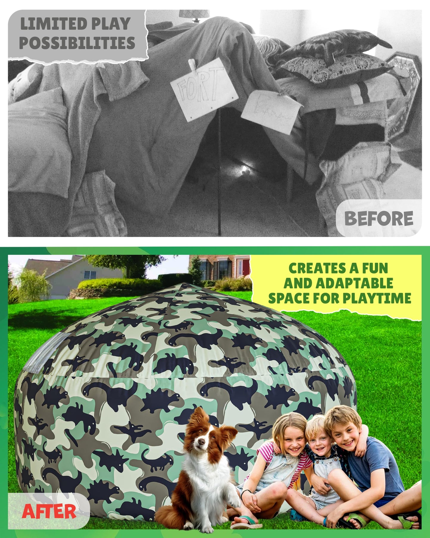 Skywin Inflatable Tent for Kids (Dino-Camo), Classic Inflatable Air Tent for Kids Sets Up and Stores Away in Seconds, Improved B