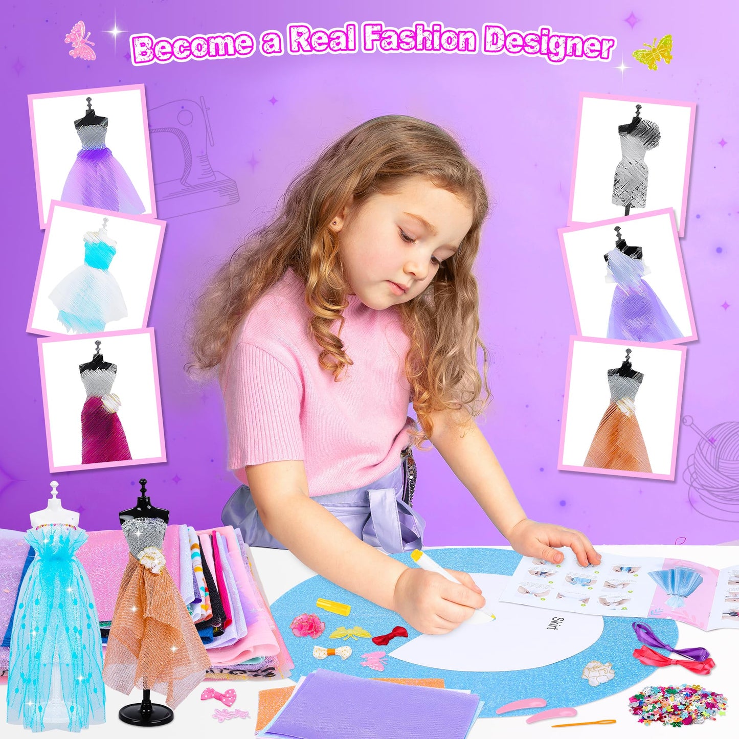 Minifun 1500+Pcs Fashion Designer Kit For Girls, Sewing Kit With 7 Mannequins, Diy Arts And Crafts Kit For Kids, Doll Clothes Making Kit, Girl Toys For Age 6 7 8 9 10 11 12 Year Old Gifts