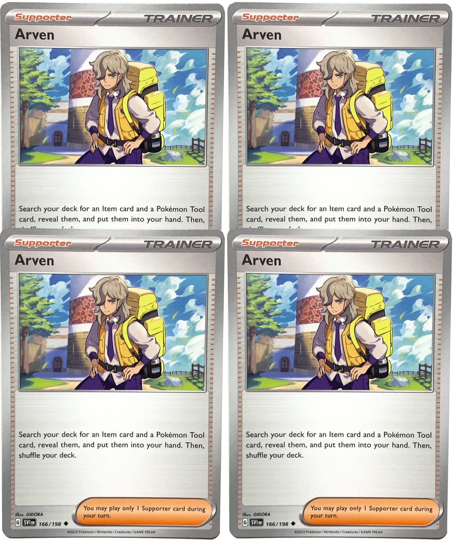 Pokemon Trainer Card Lot - Arven 166/198 Scarlet & Violet - Playset of 4 Cards