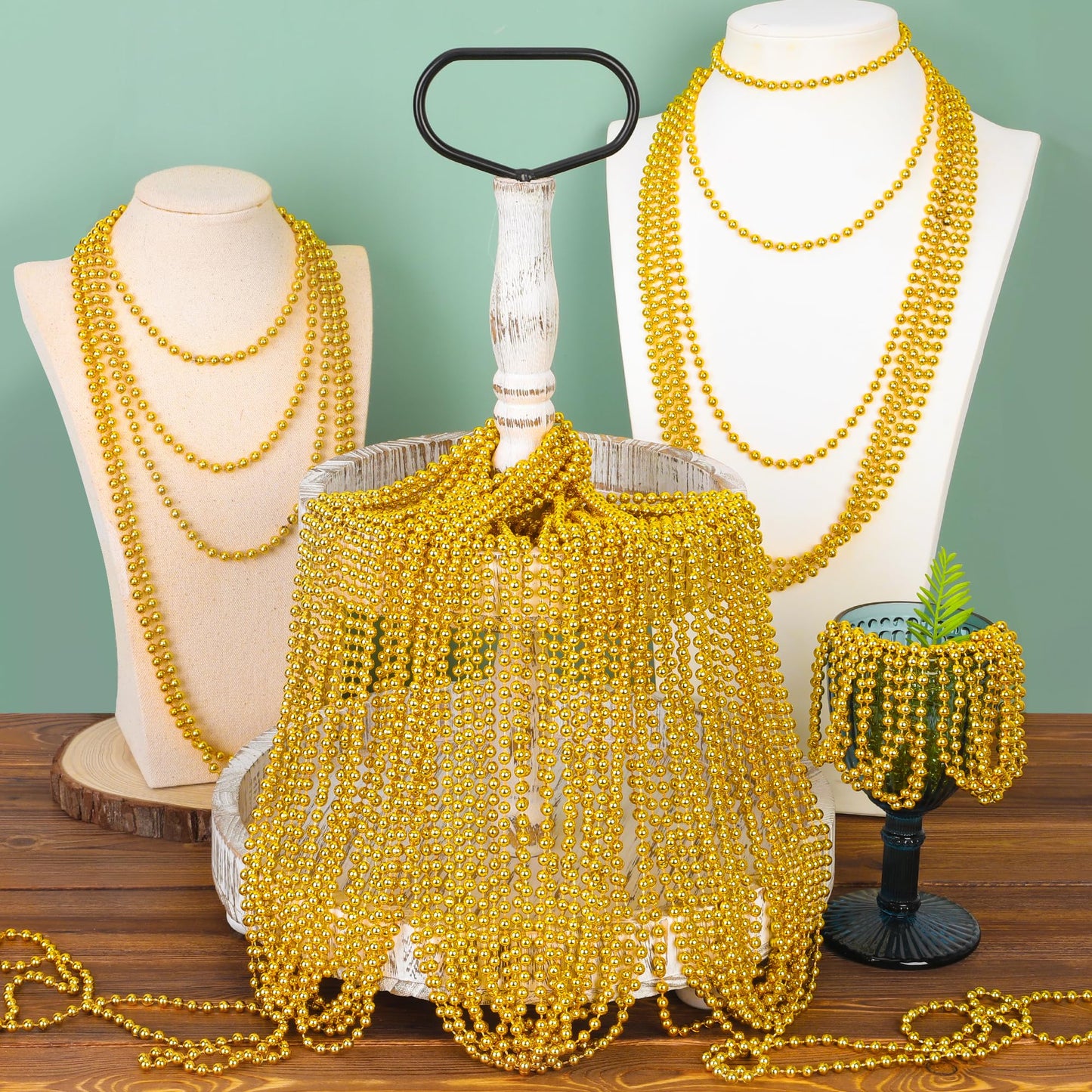 15PCS Mardi Gras Beads, Gold Bead Necklaces Accessories Stuff, 33 Mardi Gras St Patricks Day Necklace Costume, Festival Parade T