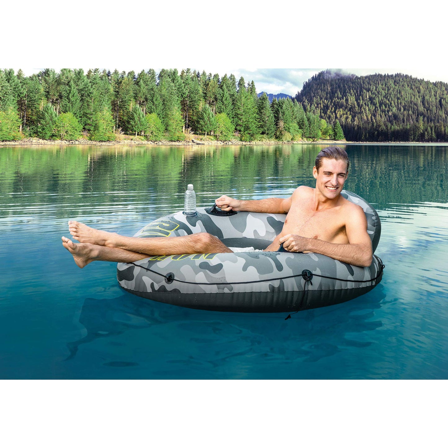 Intex 56835Ep River Run I Camo Inflatable Floating Towable Water Tube Raft With Cup Holders And Handles For River, Lake Or Pools