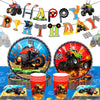 Roaring Good Time 60 Pcs Monster Trucks Birthday Decoration Kit - Monster Trucks Party Plates, Napkins, Tablecloth, Banner & Accessories - Red, Cartoon Theme