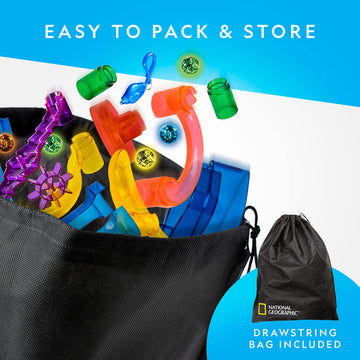 National Geographic Glowing Marble Run – 115 Piece Construction Set With 25 Glow In The Dark Glass Marbles, Storage Bag, Great Creative Stem Toy For Girls And Boys