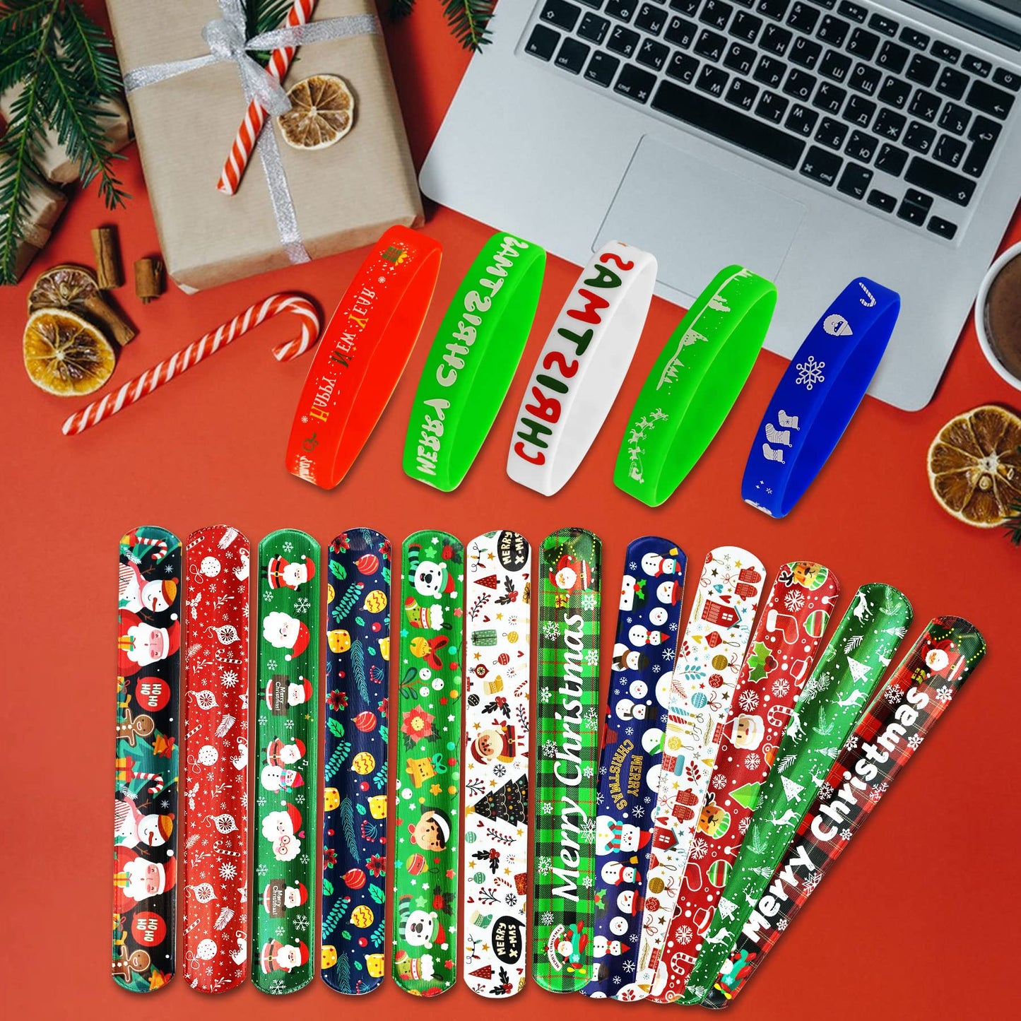 JUNEBRUSHS 50 Pack Christmas Party Favors Christmas Slap Bracelets Rubber Wristbands Assorted for Kids Slap Bands Silicone Snap