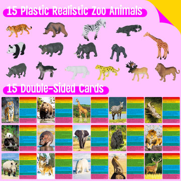 15 Pcs Safari Animal Figurines With 15 Introducing Flashcards, Realistic Zoo Animal Figures Montessori Toys Science Educational Matching Game For Homeschool Preschool Toddler Kids