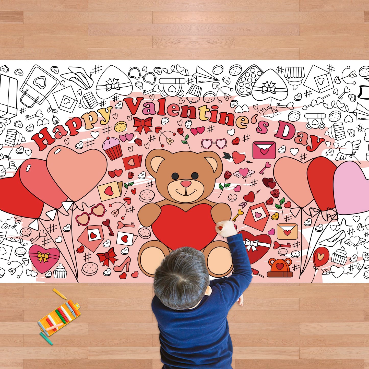 Valentines Giant Coloring Poster/Tablecloth-Valentines Day Gifts for Kids Classroom School-30 x 72 Inches Jumbo Coloring Banner