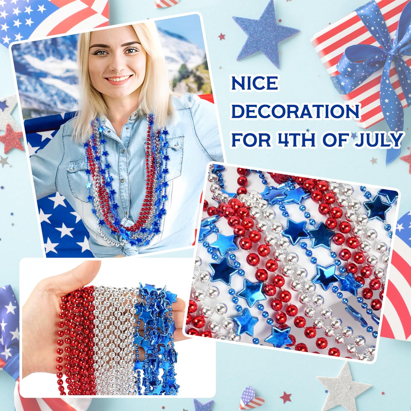 Hoosun 4Th Of July Beaded Necklace, 24Pcs Patriotic Star Bead Necklaces Red Silver And Blue Accessories,Fourth Of July Beads For