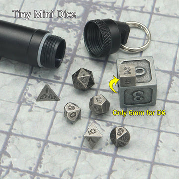 PJOY Mini Dice Set Portable Tiny Keychain DND Dice with D&D Dice Case 7PCS Antique Copper Small Metal Dice Set for Role Playing