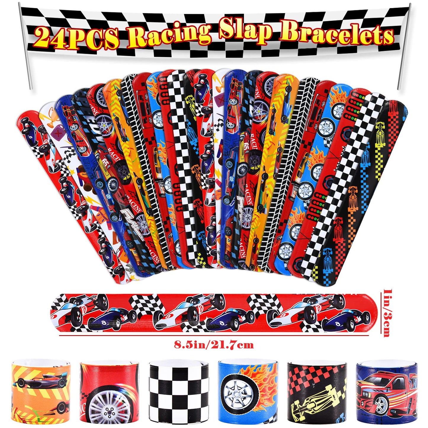 Lorfancy 48 PCS Race Cars Party Favors Slap Bracelets for Kids Boys Rubber Bracelets Silicone Wristbands Checkered Flags Car Rac